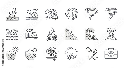 Natural Disaster Icons Set: Earthquake, Tsunami, Hurricane, Tornado, Flood, Fire, Landslide, Volcano