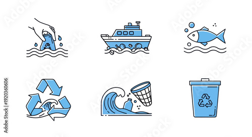 Ocean Pollution Icons: Recycling, Waste, and Marine Life Protection