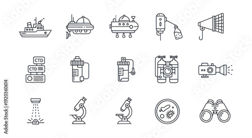 Oceanography Equipment Icons: Ship, Submarine, Microscope, Binoculars, CTD