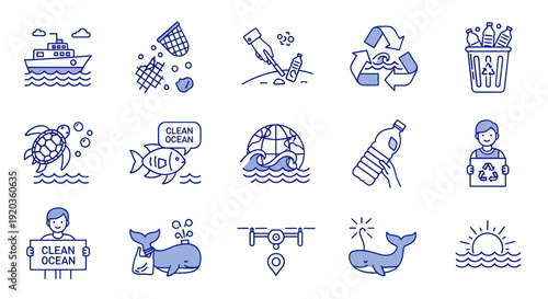 Ocean Pollution Icons: Recycling, Plastic Waste, Marine Life, Clean Environment