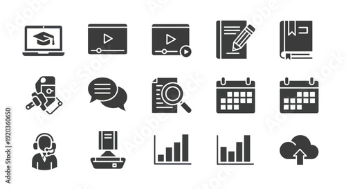 Online Education Icons: Laptop, Video, Book, Calendar, Analytics, Cloud
