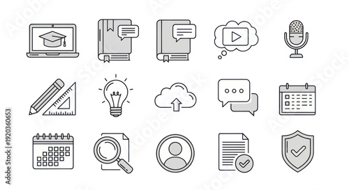 Online Education Icons: Laptop, Books, Video, Microphone, Cloud, Search, Calendar