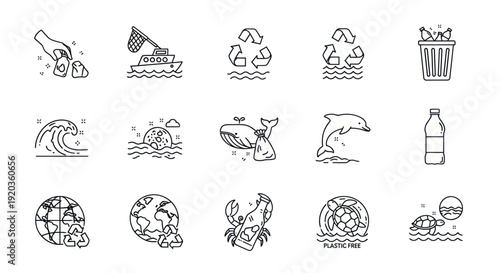 Ocean Pollution Icons: Plastic Waste, Recycling, Marine Life, and Environmental Issues