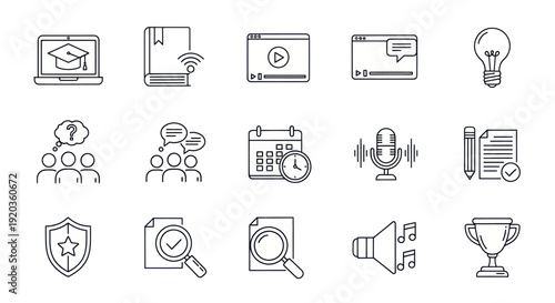 Online Education Icons Set: Learning, Webinar, Podcast, Meeting, Trophy