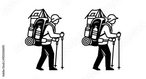 Two identical black and white illustrations of a hiker with a large backpack and walking sticks