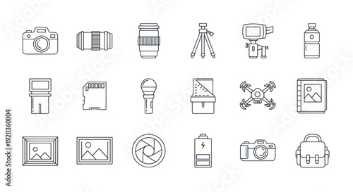 Photography and Videography Icons: Camera, Drone, Microphone, Tripod, Lens, SD Card