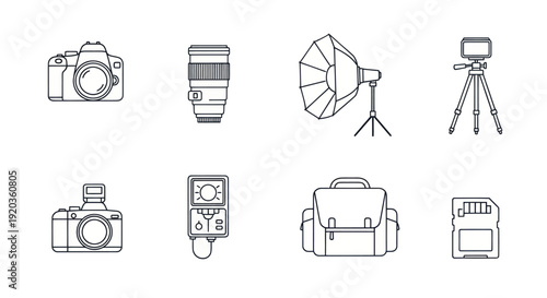Photography Equipment Icons: Camera, Lens, Flash, Tripod, Bag, SD Card