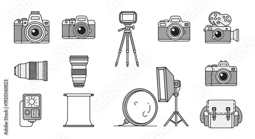 Photography Equipment Icons: Cameras, Lenses, Tripod, Lighting, Bag