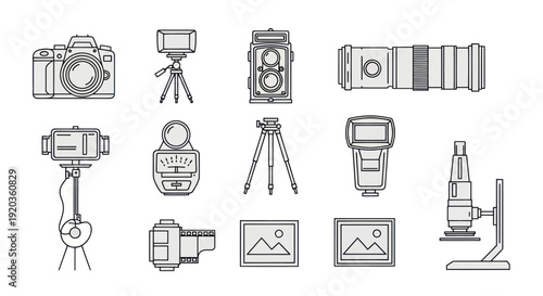 Photography Equipment Icons: Cameras, Lenses, Tripods, Flash, Microscope