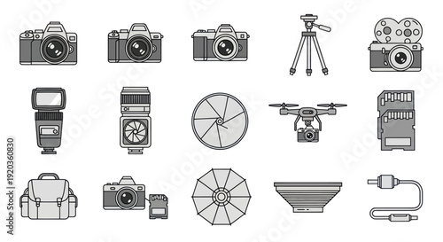 Photography Equipment Icons: Cameras, Drone, Tripod, Flash, SD Cards, Bag