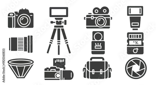 Photography Icons: Camera, Tripod, Lens, Flash, Bag, Aperture, Video