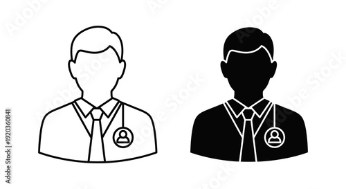 Two monochrome icons depicting a man in a suit with a name tag high quality professional