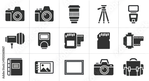 Photography Icons Set: Cameras, Lenses, Tripod, Flash, Memory Cards, Film
