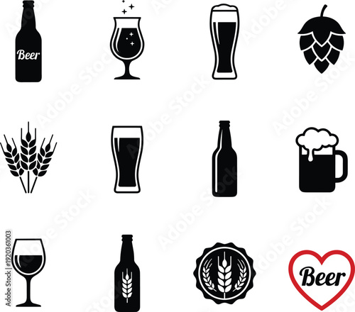 Beer icon set collection, brewery bottle glass hop and wheat symbols, black silhouette alcohol beverage vector illustration isolated on white background