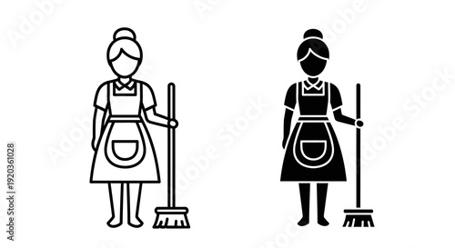Two depictions of a female housekeeper holding a broom shown in positive and negative space