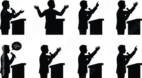Business Presentation and Public Speaking Icon Set, Black Solid Silhouettes of Speaker at Podium with Microphone, Leadership and Communication