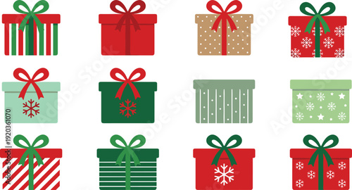 Christmas gift boxes collection, festive holiday presents with red and green wrapping paper, decorative ribbons and bows, seasonal celebration illustration
