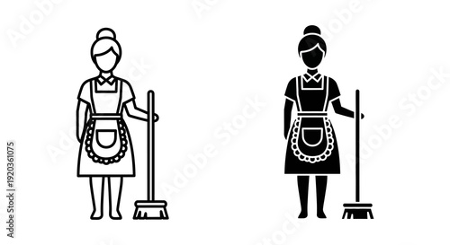 Black and white illustration of a domestic worker with a broom depicted in two variations