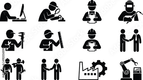 Industrial Workers and Engineering Profession Icon Set, Black Solid Symbols of Technician, Engineer, Welder, Factory, Robotic Arm, Business Handshake