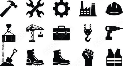Construction and Industrial Tools Icon Set, Black Solid Symbols of Hammer, Wrench, Crane, Drill, Safety Helmet, Work Boots