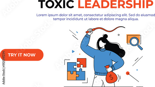 Toxic leadership banner concept, abusive boss controlling workplace power and money, negative corporate culture vector illustration design template
