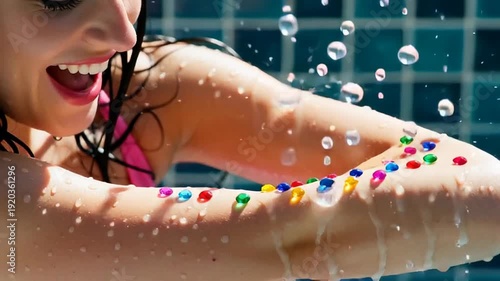 A young woman smiling joyfully while playing with colorful water beads on her arm, water splashing around in a sunny pool setting