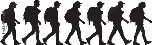 Silhouette of large group of people walking upwards in diagonal line, men and women climbing stairs isolated on white background