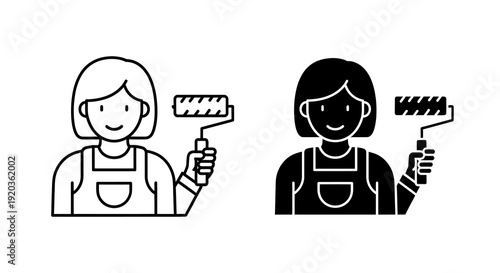 Two black and white depictions of a smiling woman holding a paint roller side by side