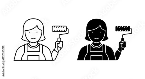 Two black and white line art icons of a woman holding a paint roller high quality