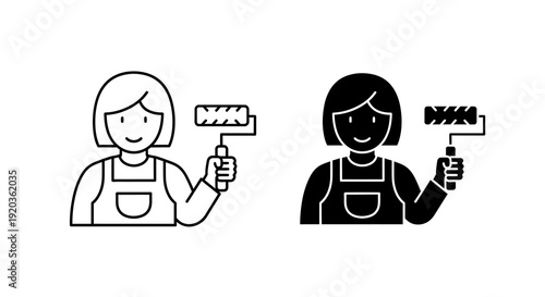 Two black and white illustrations depict a person holding a paint roller shown in different styles