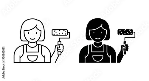 Two monochrome depictions of a woman holding a paint roller one outlined and one filled