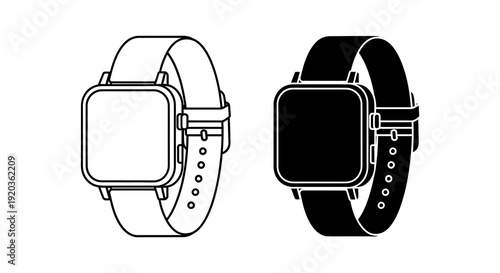 Two depictions of a modern smartwatch one in white outline and one solid black high quality