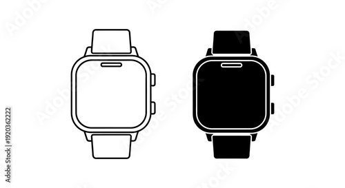 Two smartwatches in black and white line art showcasing different screen states high quality professional detailed