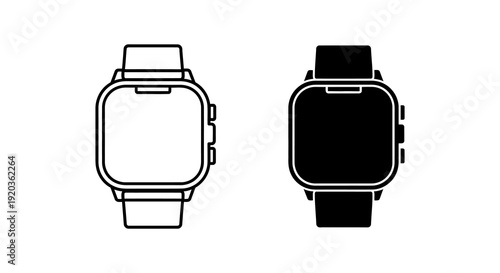 Two black and white line art illustrations of modern smartwatches with rectangular faces high quality professional detailed elegant