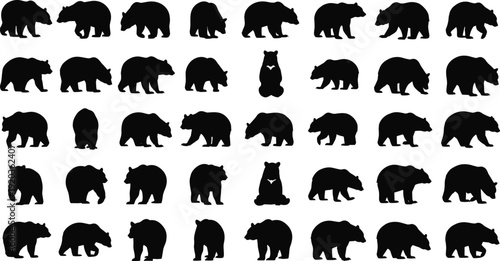Black bear silhouettes set featuring grizzly, polar, and brown bears in walking, standing, and sitting poses for wildlife