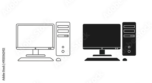 Simple black and white line drawing of a computer setup including monitor and tower high quality
