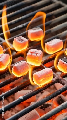 Glowing charcoal briquettes on a grill with flames dancing above, creating a warm and inviting atmosphere for outdoor cooking