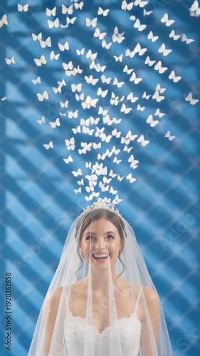 A joyful bride adorned with a veil laughs as butterflies hover around her against a blue background with striped shadows