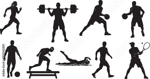 Silhouettes of people engaging in various sports activities together