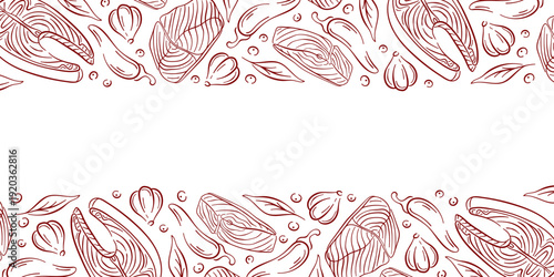 Seafood frame illustration with salmon steak, chili pepper, garlic and herbs in line art style. Ideal culinary background on white for seafood menu and design.