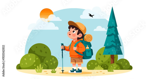 Young hiker with backpack and pole stands outdoors near bright sun and green bushes