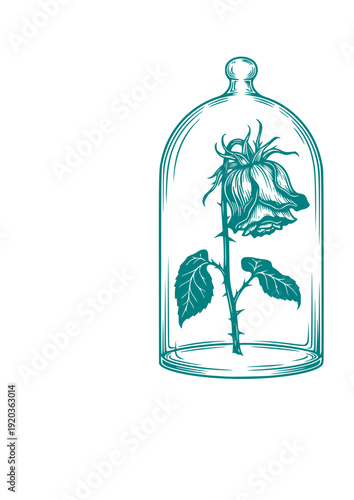 Dark Academia Wilted Rose in Bell Jar Sticker Silhouette. Gothic Romanticism and Vintage Floral Aesthetic Design Vector.