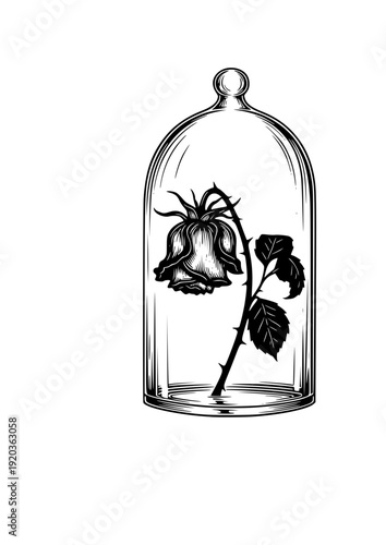 Dark Academia Wilted Rose in Bell Jar Sticker Silhouette. Gothic Romanticism and Vintage Floral Aesthetic Design Vector.