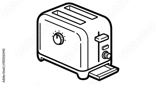 A simple line drawing depicts a classic two slice toaster in a minimalist style high quality professional