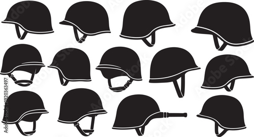 Collection of various military helmets in black silhouette style