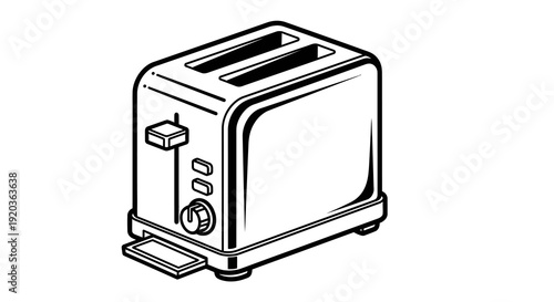A black and white line drawing of a classic two slice toaster with a simple design high quality professional