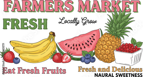 Farmers market fresh fruits collection with watermelon pineapple banana berries hand drawn vector organic healthy food illustration