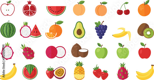 Flat fruit icons collection with apple banana watermelon pineapple strawberry vector illustration fresh healthy food set isolated
