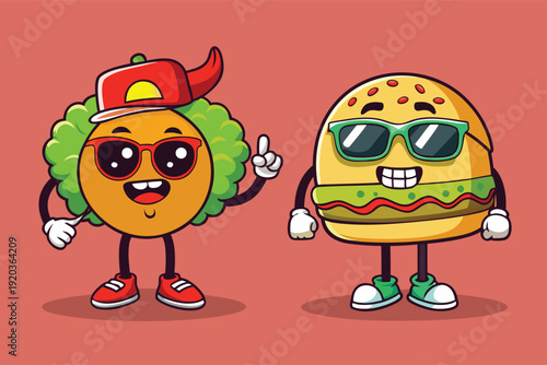 Funny food characters wearing sunglasses and posing playfully