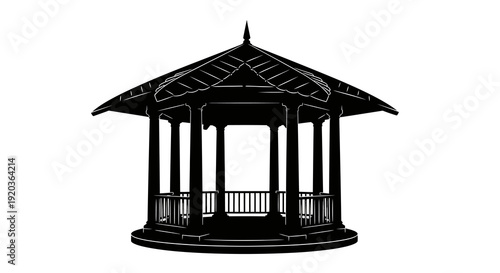 A detailed black and white illustration of a classic ornate gazebo structure high quality professional modern